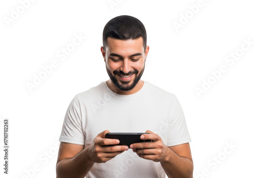 Man playing game on mobile phone isolated on transparent background