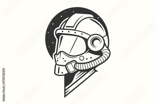 Monochrome astronaut helmet showcases a vintage design with cosmic background and intriguing textural detail