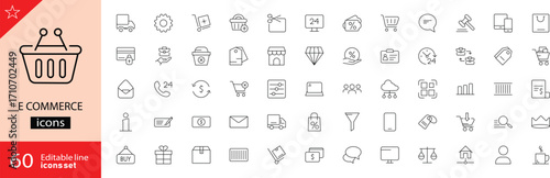 E-commerce icons set. Including shopping cart, online store, delivery, payment, discount, customer support, and more. Editable stroke. Vector illustration. Outline icons. Perfect for shopping.