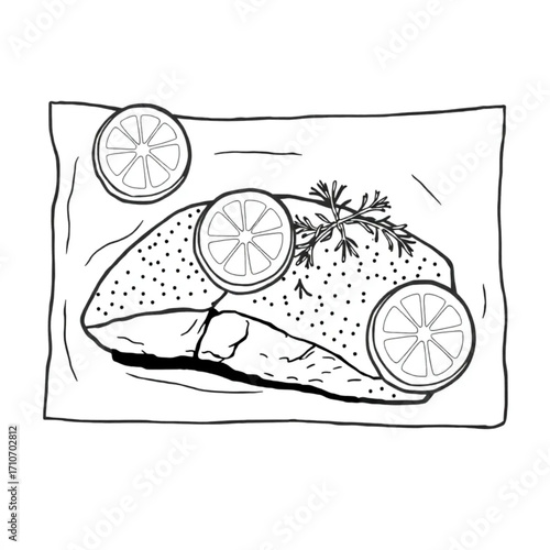 Baked salmon with dill and lemon on parchment paper
