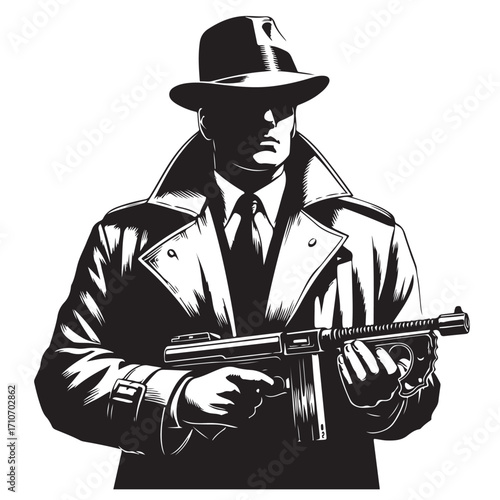 Gangster with gun illustration, vintage mafia man in hat, retro crime vector artwork