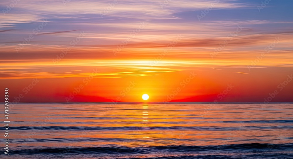 Fototapeta premium Golden Sunset Over Calm Ocean Waves with Vibrant Sky Reflected on Water