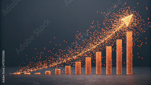 Fototapeta Naklejka Na Ścianę i Meble -  Orange particle data visualization with rising bar graph and arrow abstract analytics