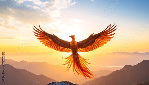 Fiery phoenix soars over mountains at sunrise
