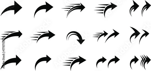 Stylized arrow icon vector set — dynamic black directional shapes with motion lines, curves, and speed effects for graphic design