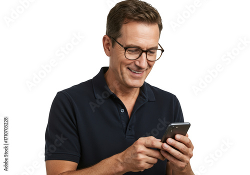 Smiling man in glasses holding a smartphone isolated on transparent background
