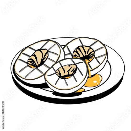 Grilled peach halves with honey drizzle on plate