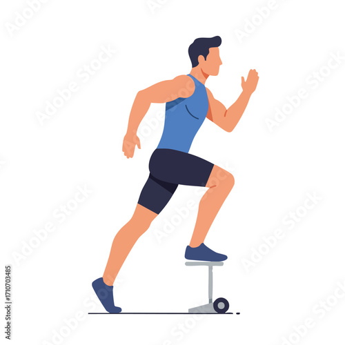 An athletic man in a blue tank top and dark shorts performs a step-up exercise on a white background, demonstrating fitness and active lifestyle.