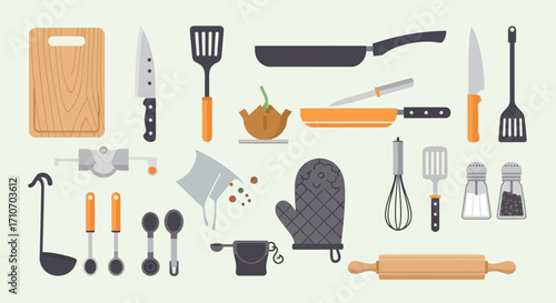 Kitchen Vector Illustration Cooking Utensils Food Preparation Elements in Modern Flat Design