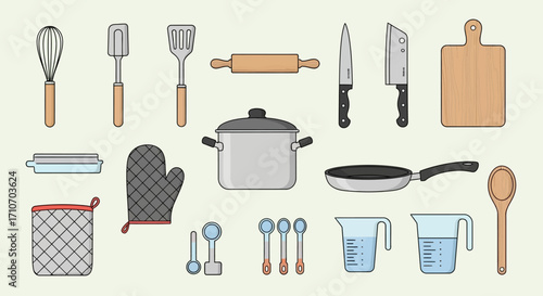 Kitchenware Vector Illustration with Cooking Utensils and Flat Design in Light Gray