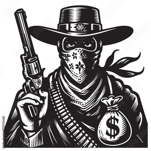 Gangster with gun illustration, vintage mafia man in hat, retro crime vector artwork