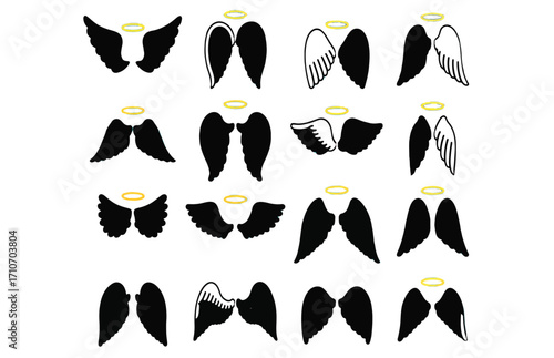 Collection of Angel Wings with Halos Variety of Styles, Silhouettes and Designs for Creative Projects