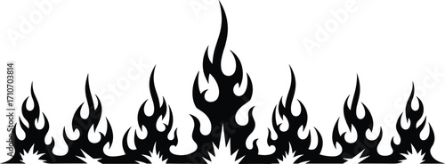 Stylized flame silhouette vector — symmetrical black fire shapes with pointed tips for decals, tattoos, motion graphics, and custom design