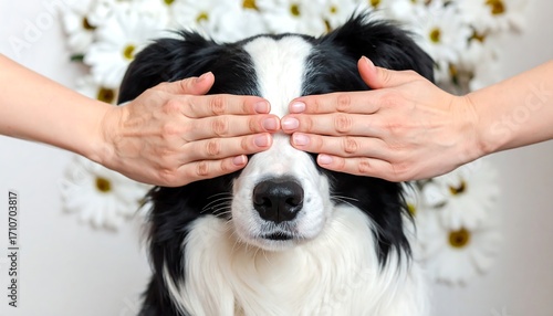 Dog with hands over eyes