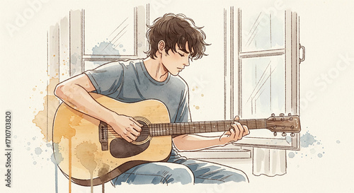 Watercolor illustration of a young man playing an acoustic guitar by an open window with artistic splashes