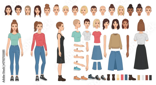 Illustration Vector of Customizable Woman with Clothes and Hair Styles Modern Design