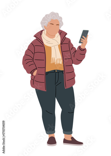 Flat vector illustration of a stylish older woman with gray hair, wearing a puffer jacket, scarf, and jeans, holding a smartphone. Modern casual fashion design, isolated on transparent background.