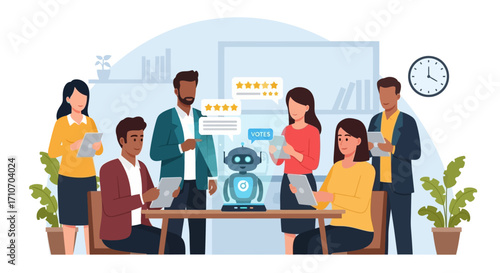 Coworkers Holding Devices Vector Art Illustration Modern Office Scene