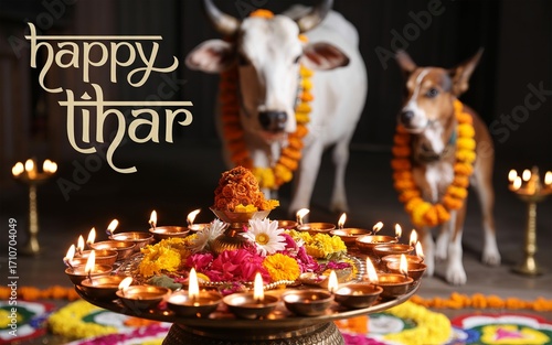 Tihar festival animal worship with cow, dog, and crow