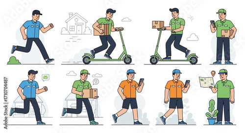 Delivery Person Characters in Various Poses with Packages and Transportation