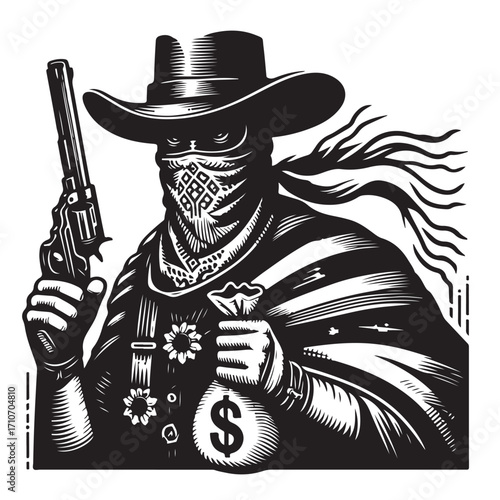 Gangster with gun illustration, vintage mafia man in hat, retro crime vector artwork