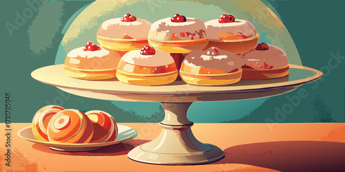 Delicious and fresh dessert plate with a slice of cake topped with red cherry and fluffy cream