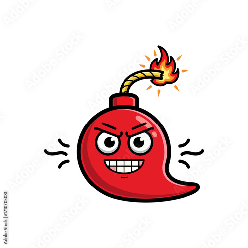 Cheerful fire wick cartoon vector illustration with cute chili face, hot red chili fire alarm vector character