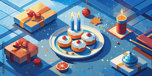 A festive birthday cake adorned with lit candles sits on a table, a sweet centerpiece for any happy celebration