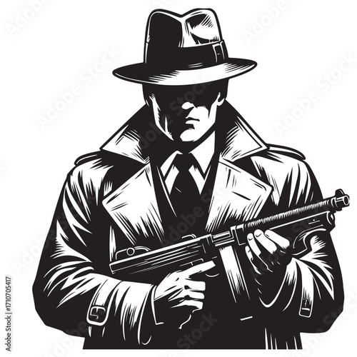 Gangster with gun illustration, vintage mafia man in hat, retro crime vector artwork