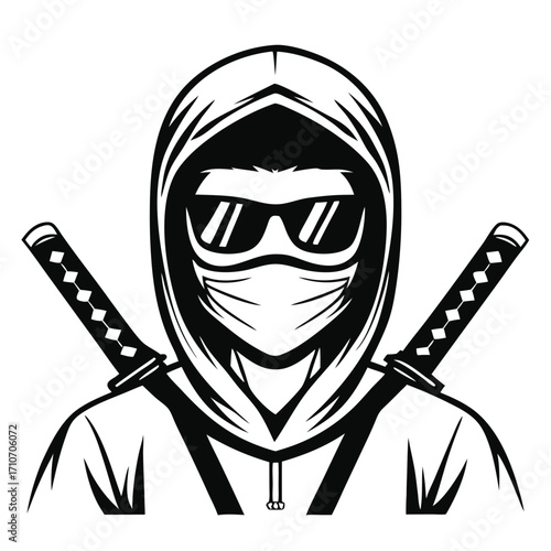 Monochrome figure masked with sunglasses poses with swords in black and white vector