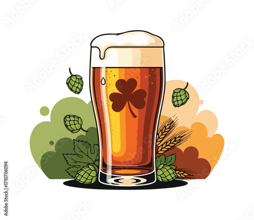 Irish Beer Glass Illustration – Ale with Clover & Hop Accents