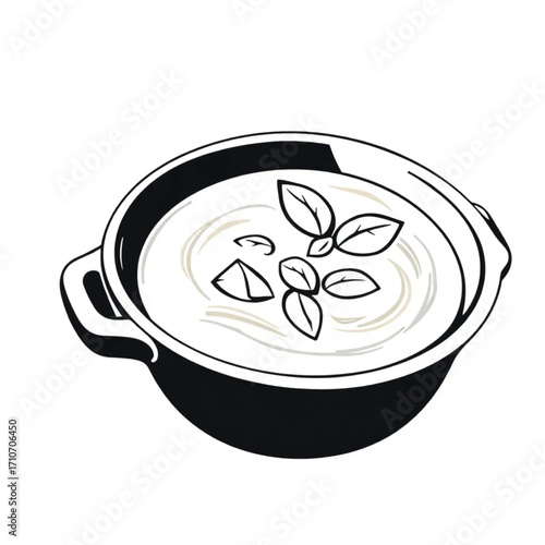 Roasted tomato and basil soup in ceramic crock