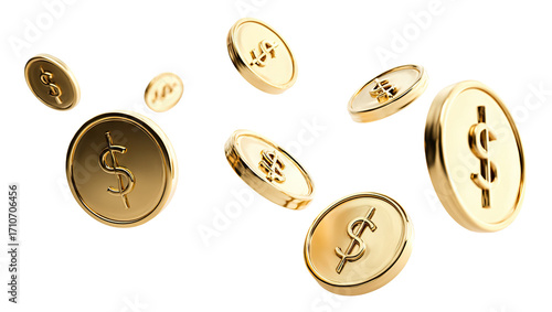 Shiny gold dollar coins flying in mid air, isolated on transparent cutout background