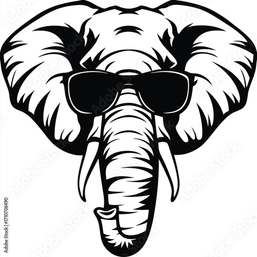 Monochrome head of an elephant wears sunglasses and holds a pipe elegantly