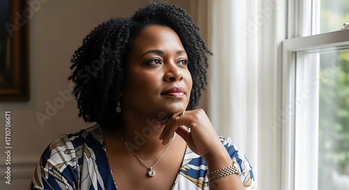 Pensive Black Woman by Window, Thoughtful Portrait