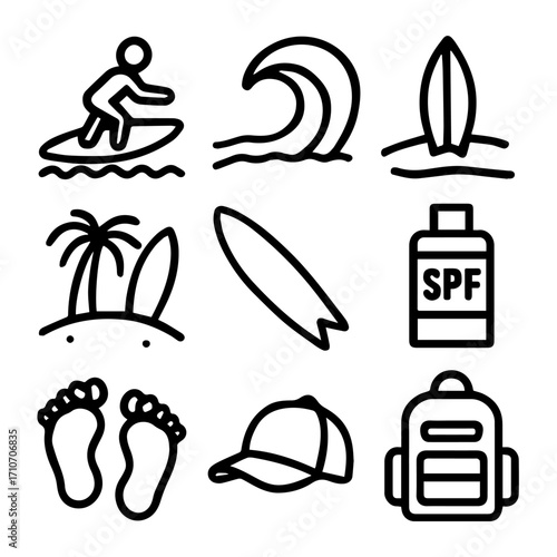 Simple line art icons depicting various elements of surfing and beach life.