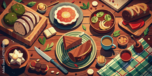 Traditional Thai-style painting of a fresh and healthy meal with fish, vegetables, and rice on a plate