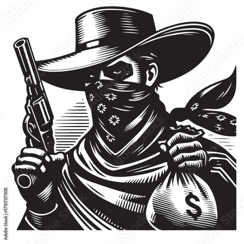 Gangster with gun illustration, vintage mafia man in hat, retro crime vector artwork