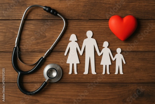 Healthy Family:  The image illustrates health and family care through the use of stethoscope, a red heart, and a cut-out family on a wood background, signifying protection and caring.