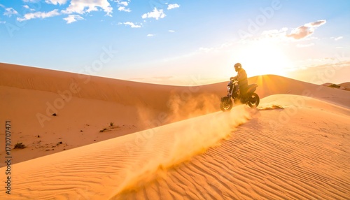 Desert motorcycle rider at sunset