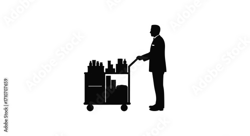A silhouette of a bellhop pushing a cart filled with luggage