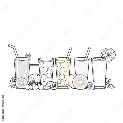 Fresh fruit and vegetable juice shots lined up