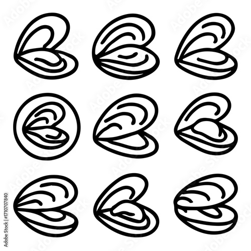 Nine stylized mussels are arranged in a grid, each with slightly different line art variations.