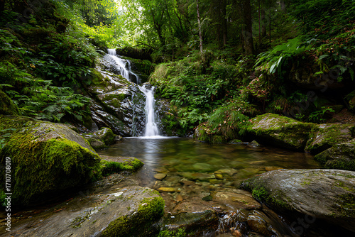 Tranquil Forest Cascade, Silky Waterfall in a Lush, Moss-Covered Glen
