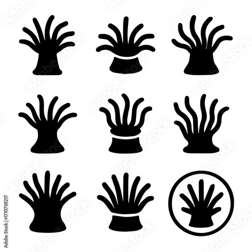 Collection of nine stylized sea anemone icons, various shapes, black silhouettes on white.