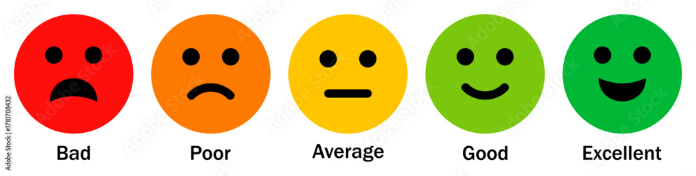 Fototapeta premium Rating emoji icon set isolated on white background. Feedback rating emoji icons set. Bad, poor, average, good and excellent. Vector illustration.