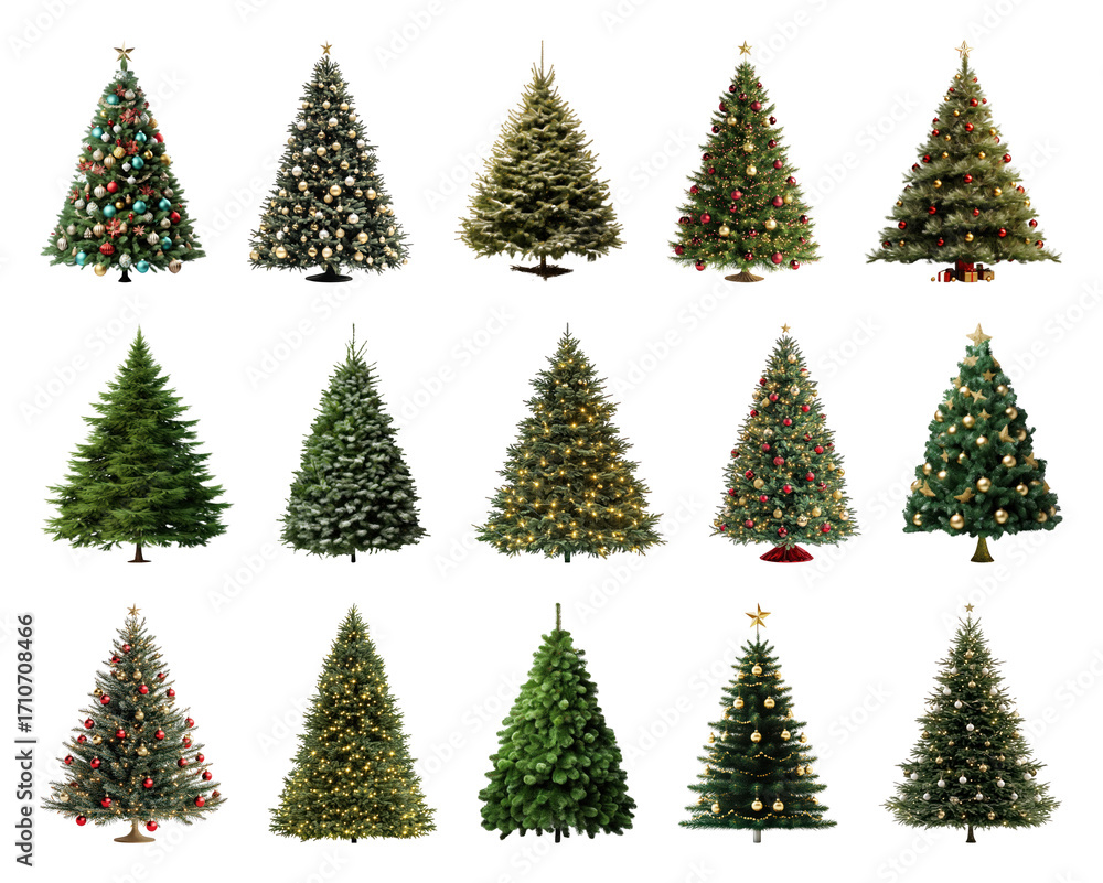 Obraz premium PNG Variety of decorated Christmas trees, element set on transparent background