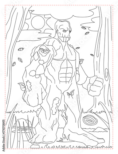 Towering Rock Golem Coloring Page: A Fantasy Adventure Scene