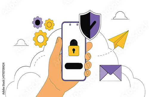 Secure Mobile Payments Hand Holding Smartphone with Lock, Shield, and Cloud Elements for Protection Illustration