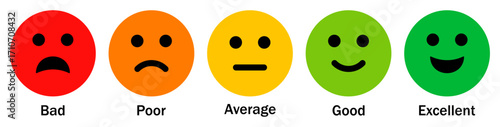 Rating emoji icon set isolated on white background. Feedback rating emoji icons set. Bad, poor, average, good and excellent. Vector illustration.